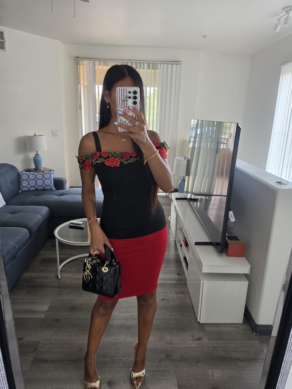 Off-Shoulder Black Top with Red Rose Trim